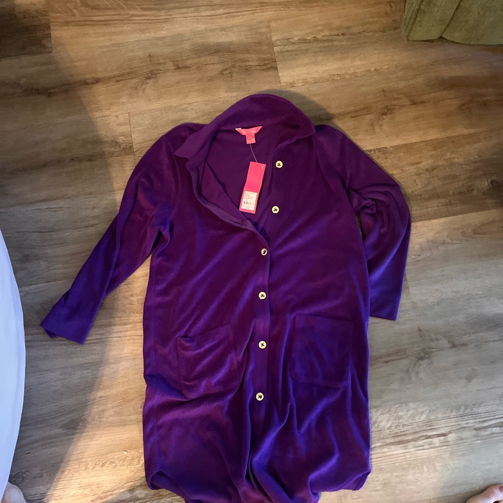 Lilly Pulitzer Deep Purple Velvet Cardigan with Gold Buttons